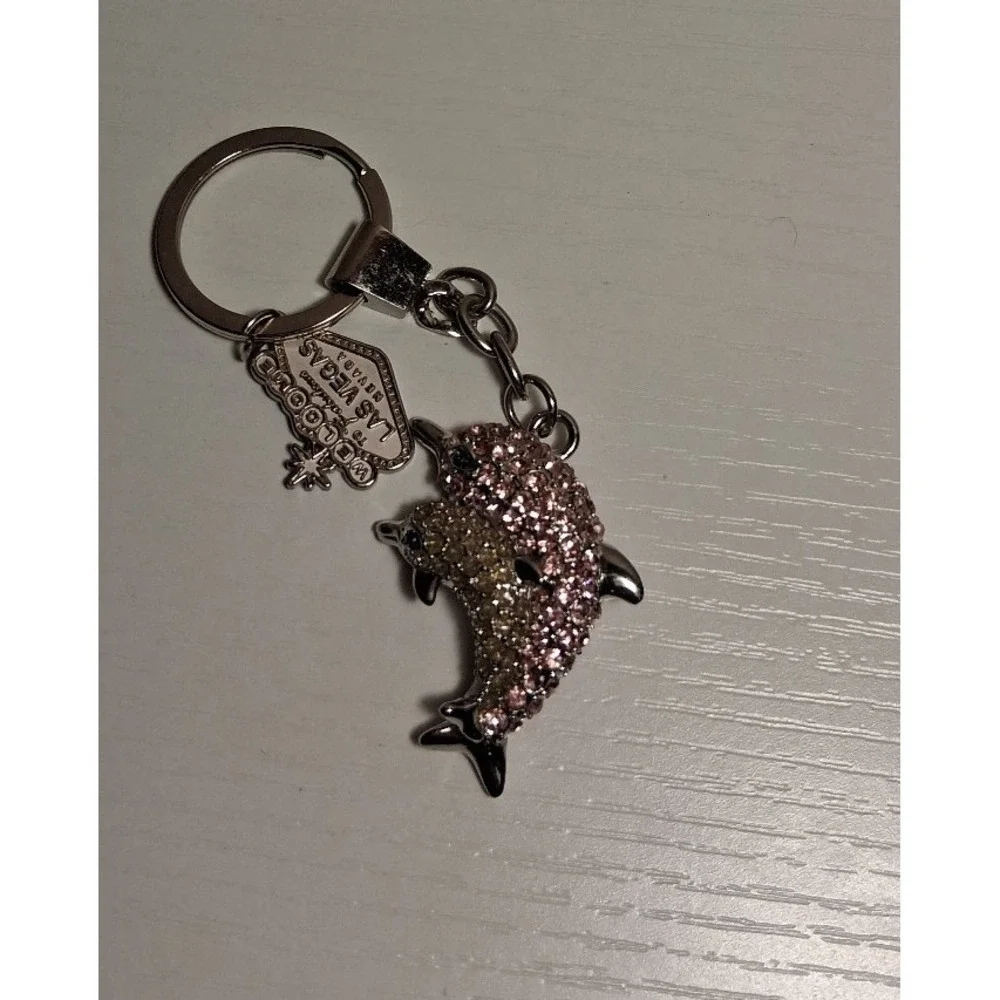 Las Vegas Dolphin Rhinestone Keychain Pink Yellow Crystal Bling Souvenir